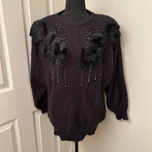 Adolfo Collectibles Vintage Black Sweater With Beading and Faux Fur Size Medium